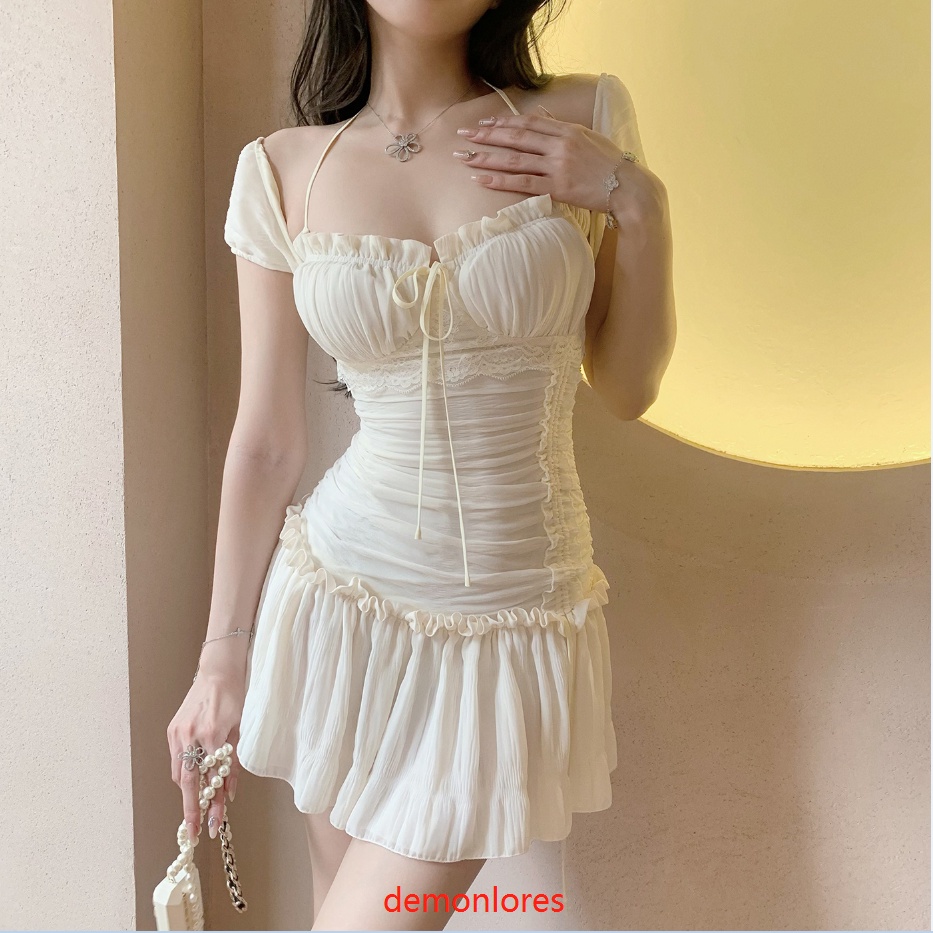 Đầm Tay Ngắn Màu Trắng Thiết Kế Dây Rút Thời Trang Mùa Hè Cho Nữ