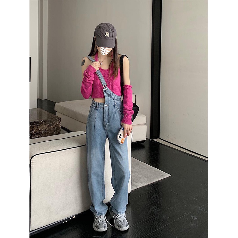 Quần Yếm Denim Ống Rộng Lưng Cao Thời Trang Cá Tính