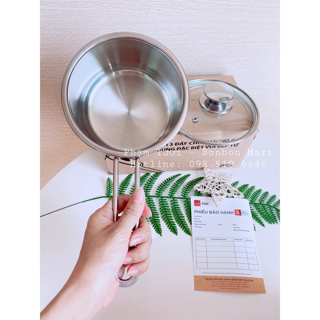 Nồi nấu bột, cháo inox 3 đáy 14cm five star hàng loại 1 dày dặn, sáng bóng phân phối chính hãng Bonbon Mart