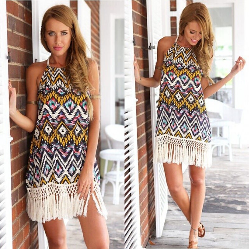 ☛☏❤Sexy Women Summer Casual Tassels Print Cocktail Party Evening Beach Mini Dress | BigBuy360 - bigbuy360.vn
