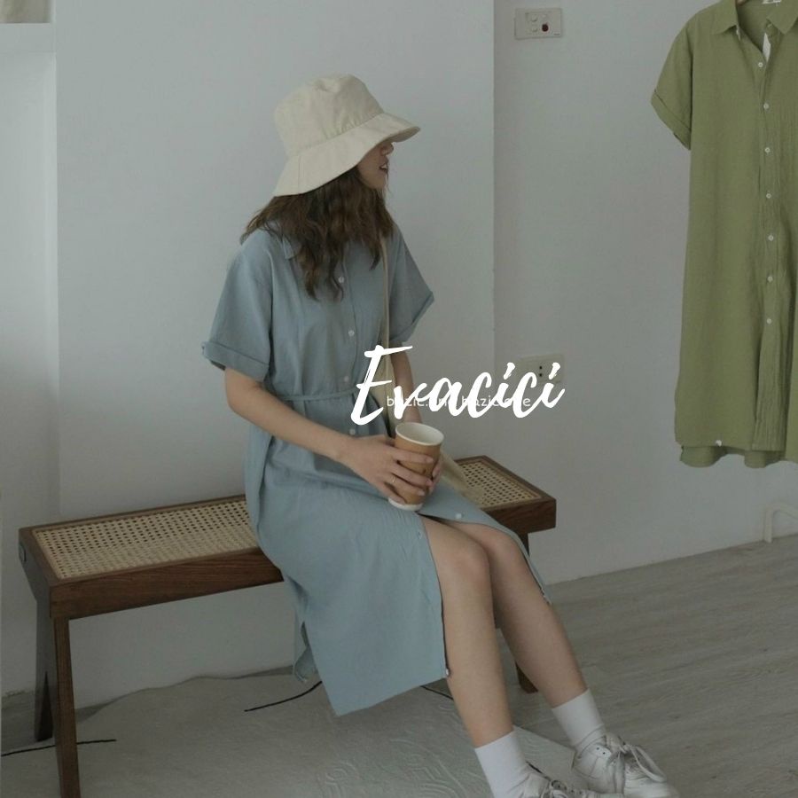 Váy sơ mi cộc tay vạt lệch hàn quốc, from rộng, dây thắt nơ eo