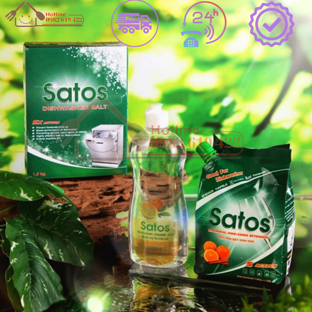 COMBO SIÊU TIẾT KIỆM - Bột rửa bát hữu cơ Satos 1.5kg, nước làm bóng hữu cơ Satos 500ml và muối Satos 1.5kg