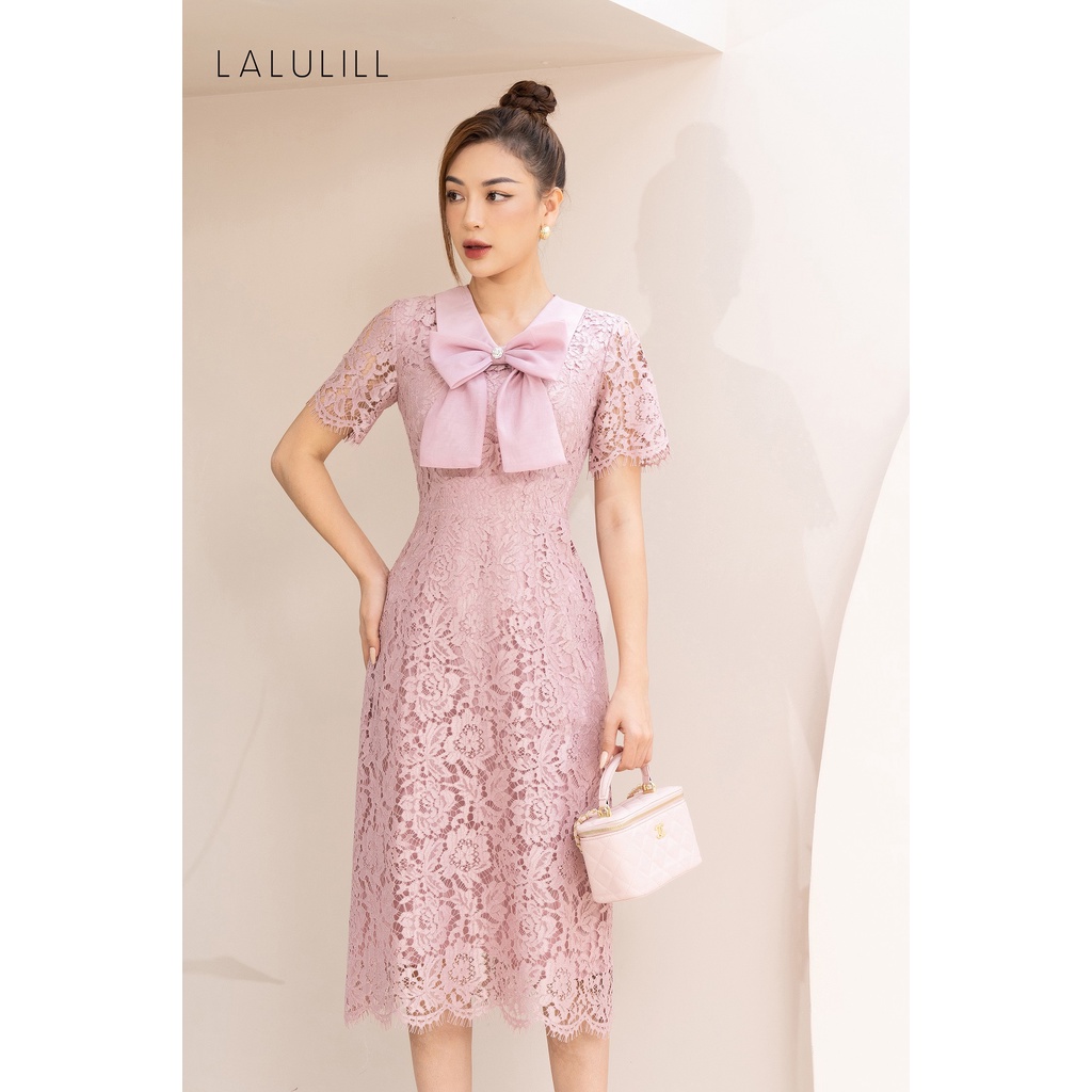 Đầm ren dáng A cổ cách điệu phối nơ Thời trang LALULILL có lót trong dày dặn LDL225890