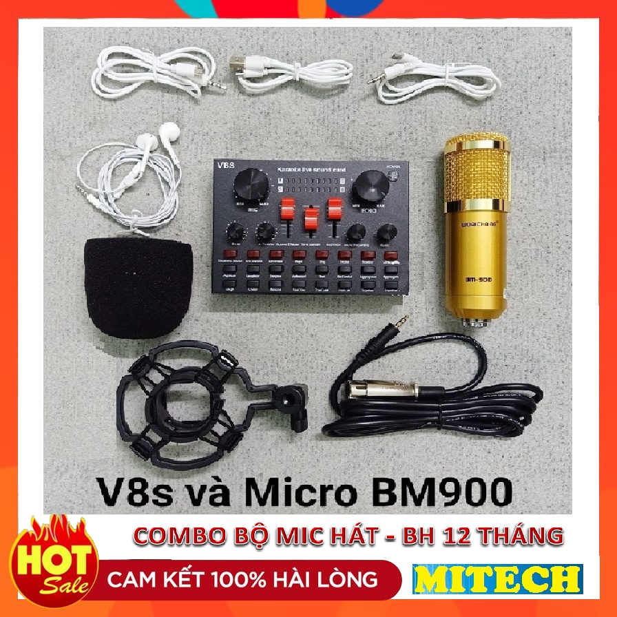 Combo Soundcard V8S AQTA Chính Hãng Bluetooth + Mic Karaoke Livetream BM 900, Có AutoTune Chuẩn Phòng Thu