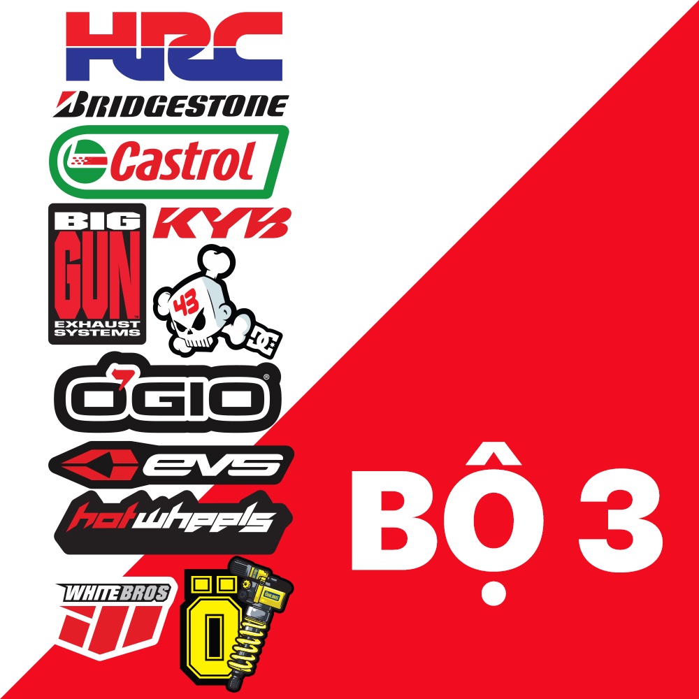 Bộ 10 Tem Dán Xe Máy HRC Ohlins Castrol NKG Motul Liqui Moly HRC Kingdrag Monster - Decal Dán Xe Không
