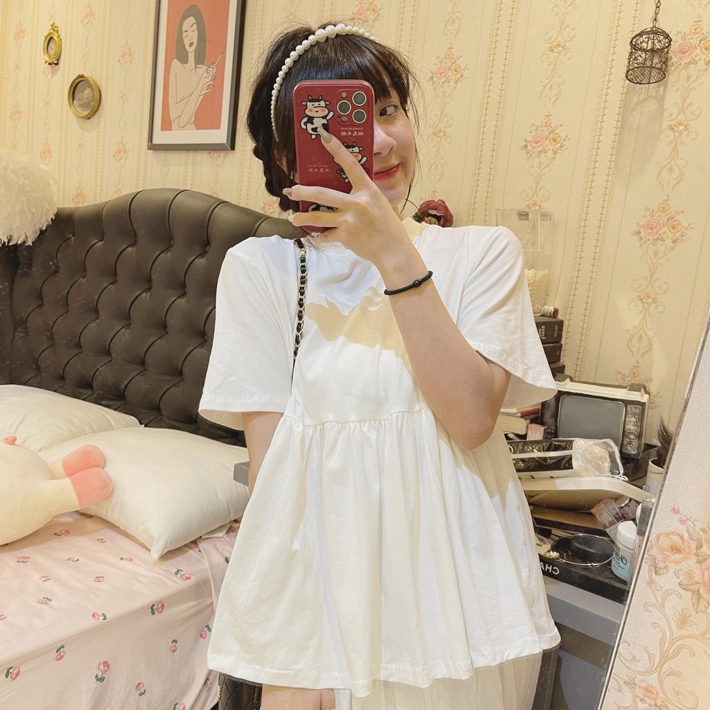 Áo Phông Nữ cổ tròn Dáng Baby Doll màu trắng chất Cotton 4 Chiều - XIAOMIMI 74835771379