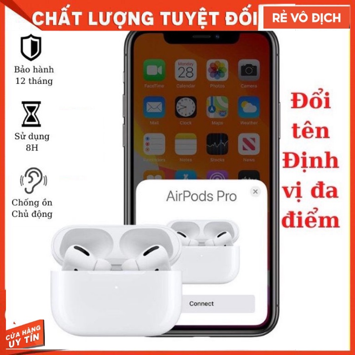 Tai Nghe Bluetooth Airpods Pro -Cảm Biến Đa Điểm,Chống Ồn, Định Vị Đổi Tên,Pin trâu, Sạc Không Dây (BH 12 tháng)