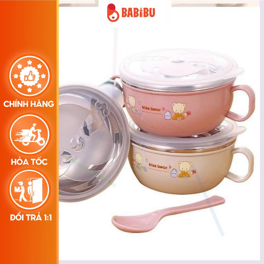 Bát Ăn Inox Cao Cấp Cách Nhiệt Có Tay Cầm Kèm Thìa Và Nắp Cho Bé BabiBu-B01
