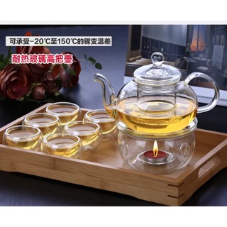 Set ấm chén thuỷ tinh chịu nhiệt kèm khay gỗ