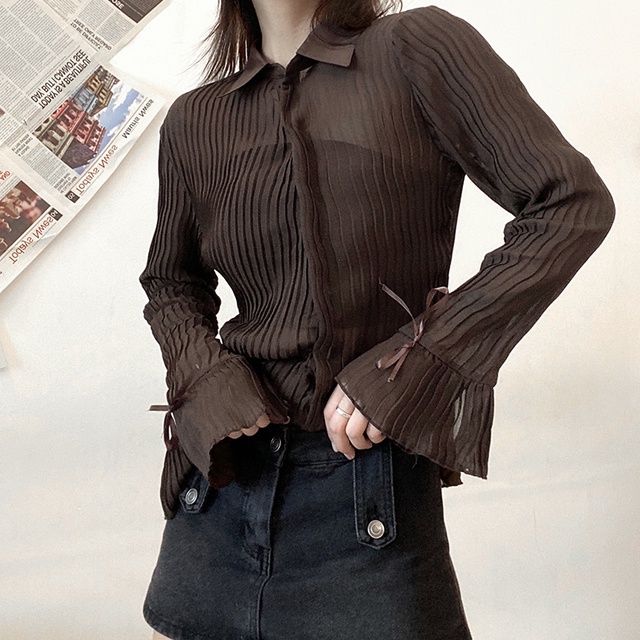 y2k Áo sơ mi tay dài ống loe màu trơn phong cách cổ điển thời trang cho nữ