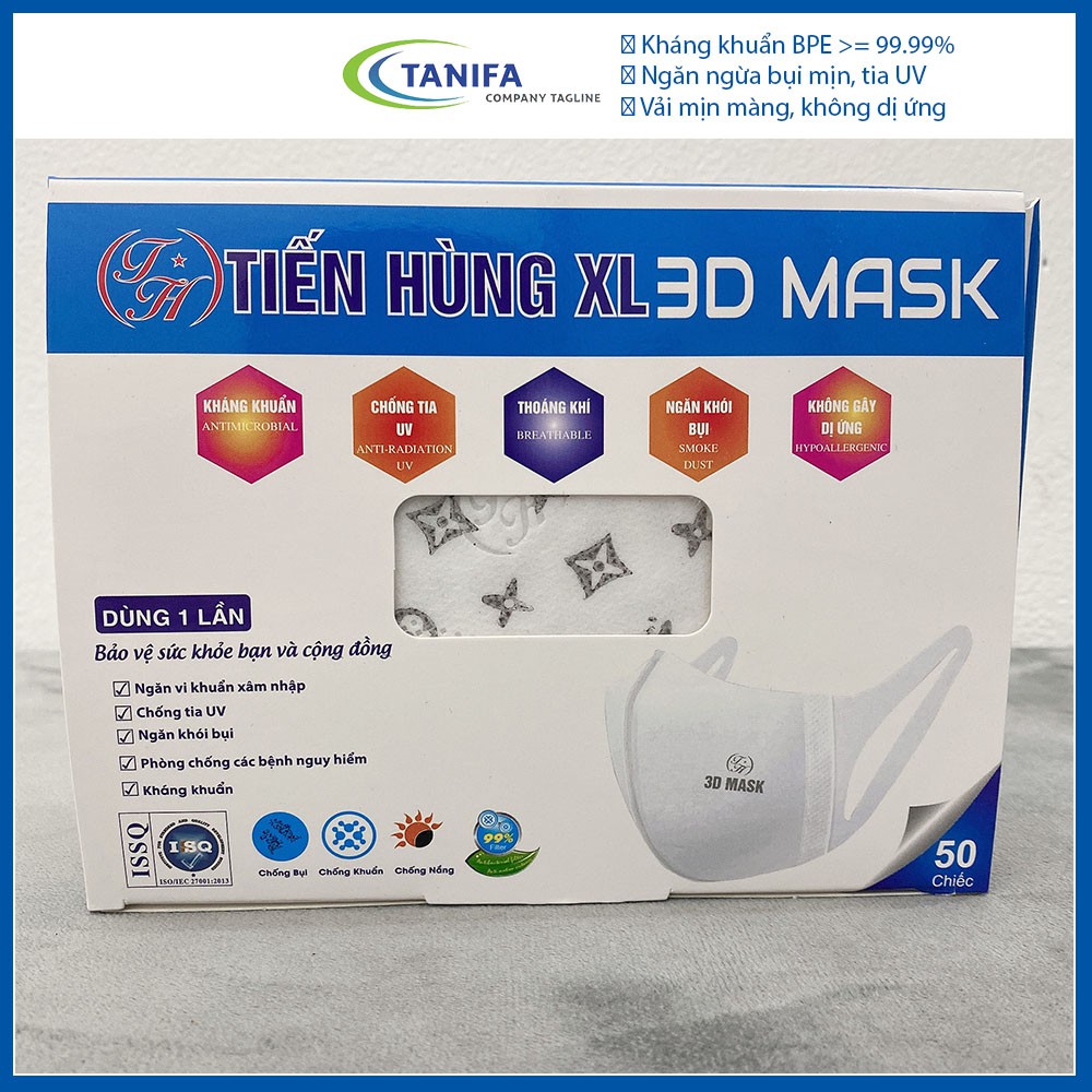 Hộp 50 chiếc khẩu trang 3D mask cao cấp họa tiết LV TIẾN HÙNG XL