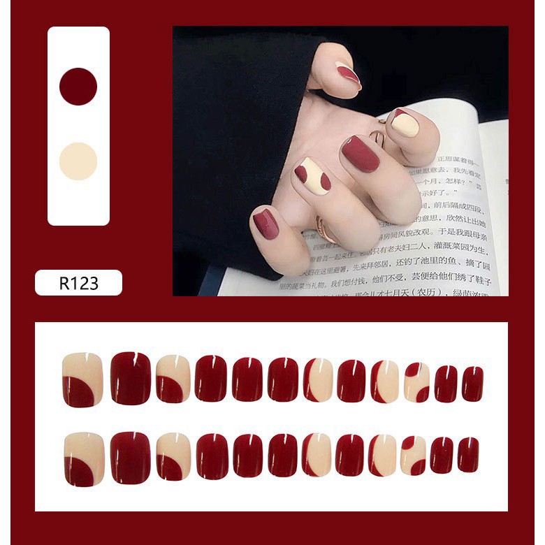 Set 24 móng tay giả họa tiết 3D cao cấp kèm keo dán họa tiết đỏ kẹo ngọt 123