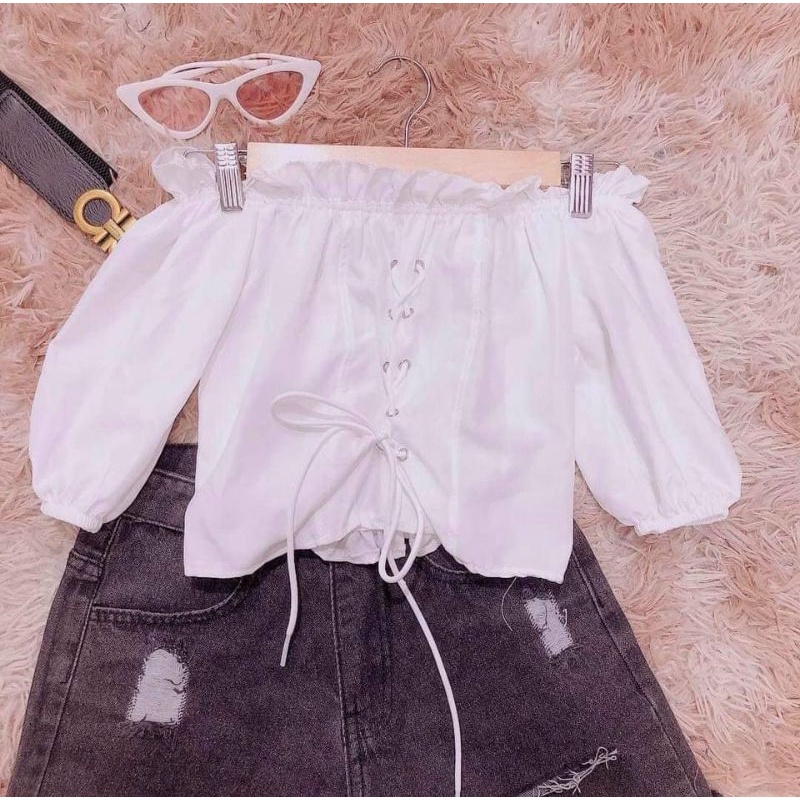 Áo bẹt vai đan dây croptop vải kate nhật siêu đẹpp