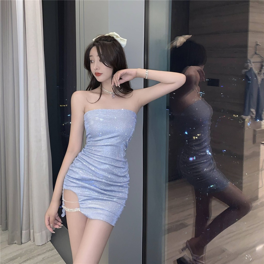 Đầm ống body bling bling hở đùi sexy xuân hè 2021