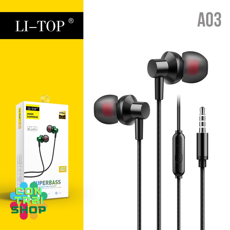 Tai nghe có dây nhét tai chính hãng Li-top A03 chống ồn 3.5mm bảo hành 1 đổi 1 trong 1 tháng