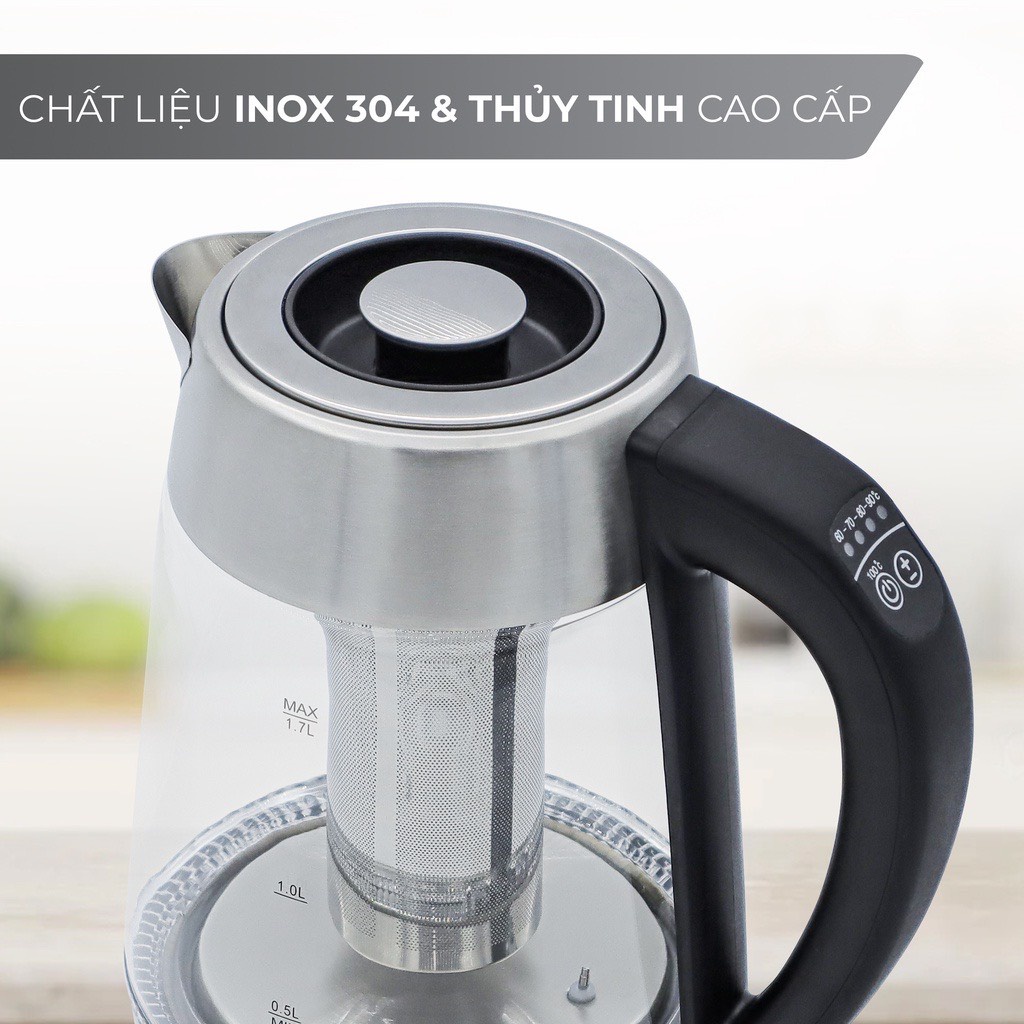 Ấm siêu tốc thủy tinh Lebenlang LBDD2628 1.7L điều khiển nhiệt độ đun
