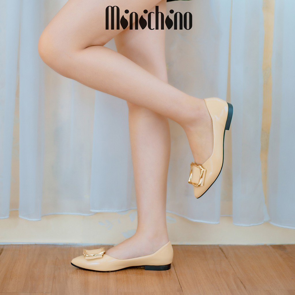 Giày búp bê nữ đế bằng MINICHINO da bóng mũi nhọn khóa vuông thời trang màu kem TC024