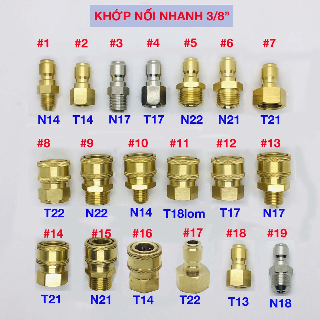 Khớp nối nhanh 3/8"  (cốt trong 15mm) đủ các loại ren - phụ kiện máy rửa xe