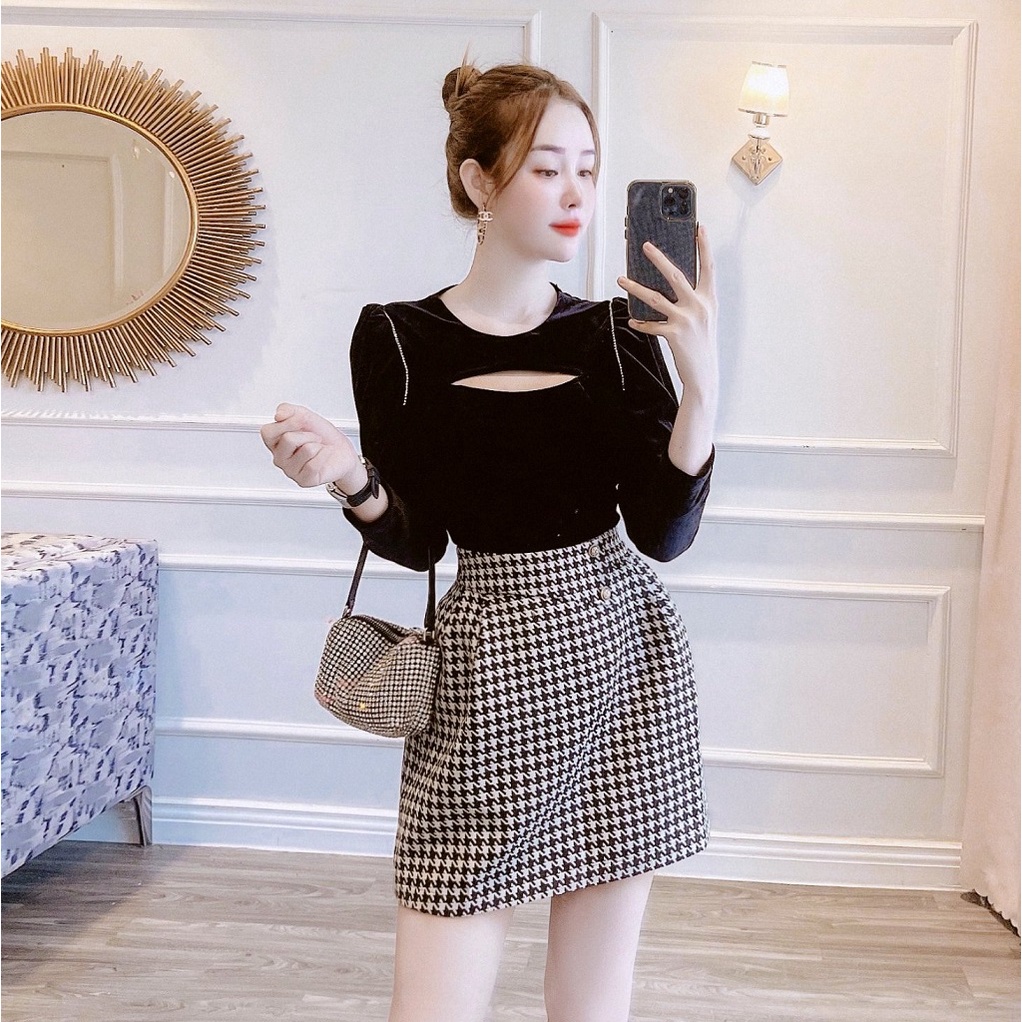 Chân váy xòe chữ A dáng ngắn họa tiết đính khuy đai cách điệu xinh xắn LOLEM CLothing - Cvx344