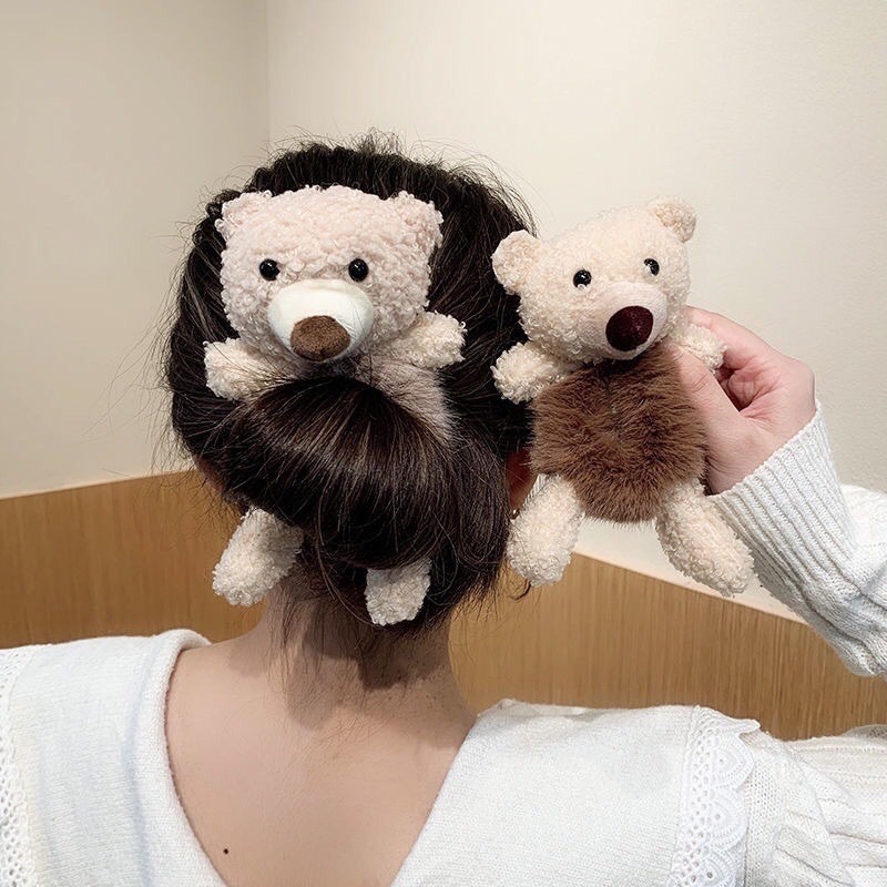 Dây cột tóc phối lông hình con gấu dễ thương