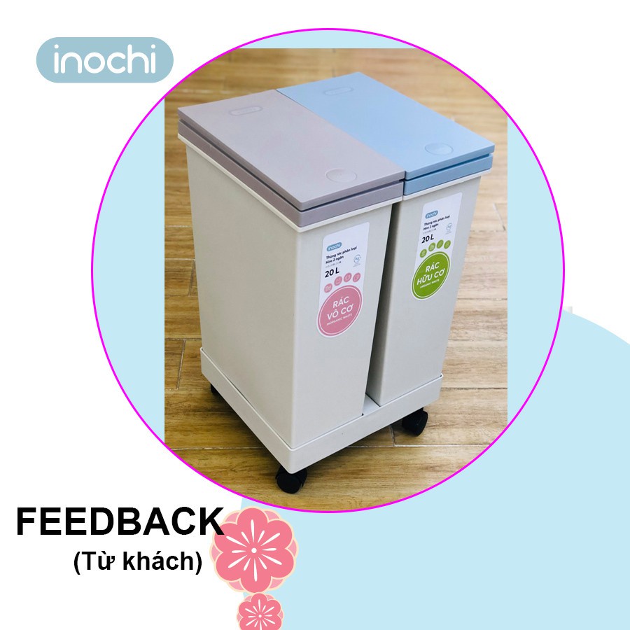 Thùng rác phân loại 2 ngăn 20L 4 bánh xe di động - thùng rác đa năng chính hãng Inochi
