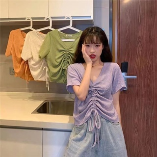 Áo Kiểu Tay Ngắn Cổ Chữ V Phối Dây Rút Thời Trang Cho Nữ