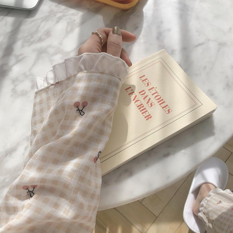 Set đồ ngủ tay dài phối ren họa tiết cherry phong cách Hàn Quốc thời trang xuân thu cho nữ