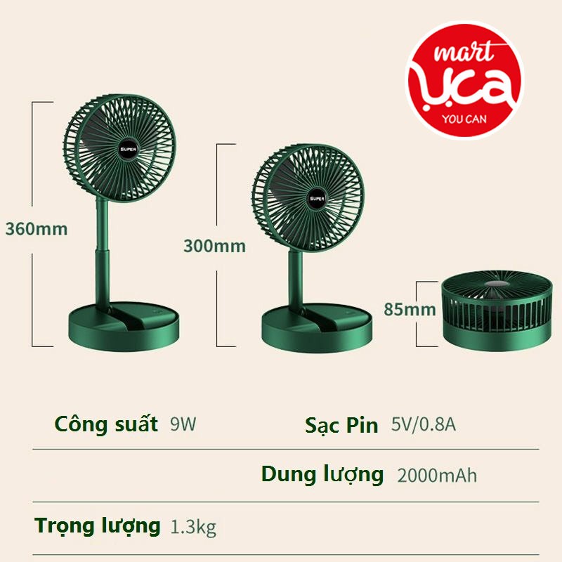Quạt Tích Điện Gấp Gọn -, Xoay 180 Độ, 3 Tốc Độ Gió, Cổng Sạc USB