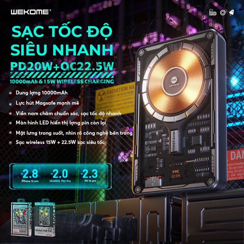 Sạc dự phòng không dây Wekome 22.5W dung lượng 10.000 mAh hỗ trợ sạc nhanh bảo hành 1 năm