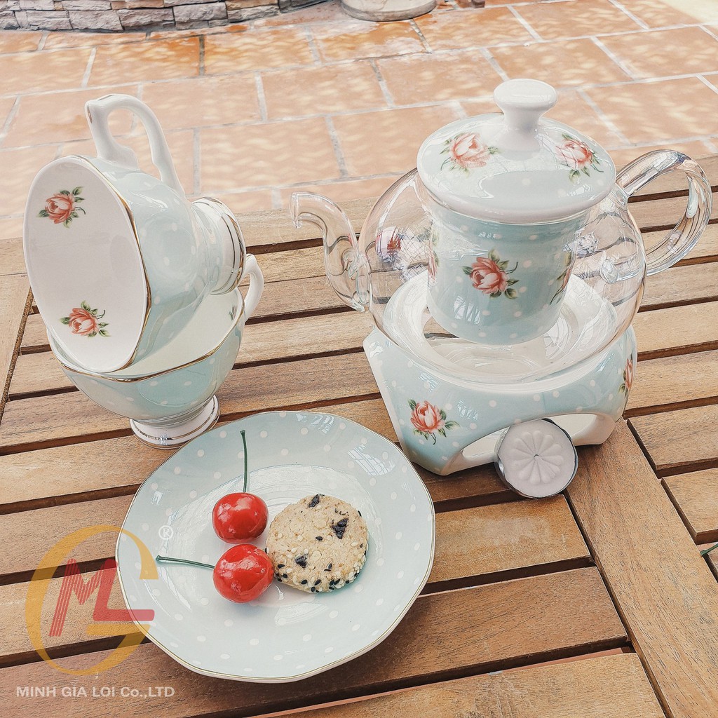 Bộ ấm trà kèm 4 tách Sứ xương Bone Porcelain (kèm đế đựng nến thuỷ tinh cao cấp) - Xanh ngọc sang trọng