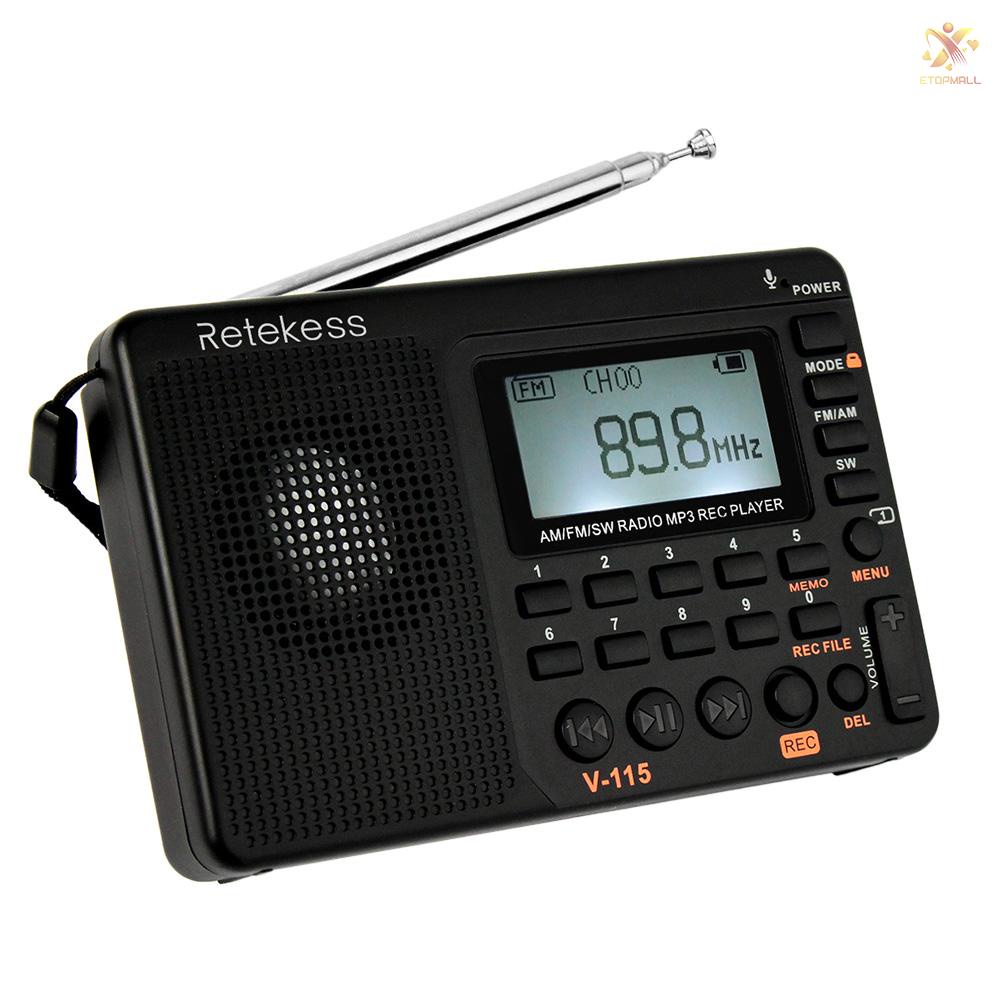 ET Retekess V-115 FM/AM/SW Radio Multiband Radio Receiver REC Recorder Bass Sound MP3 Player Speakers with Sleep Timer Black