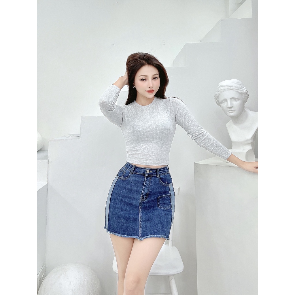 Áo thun croptop tay dài nữ CRAZYTEEN cổ tròn năng động AT0315