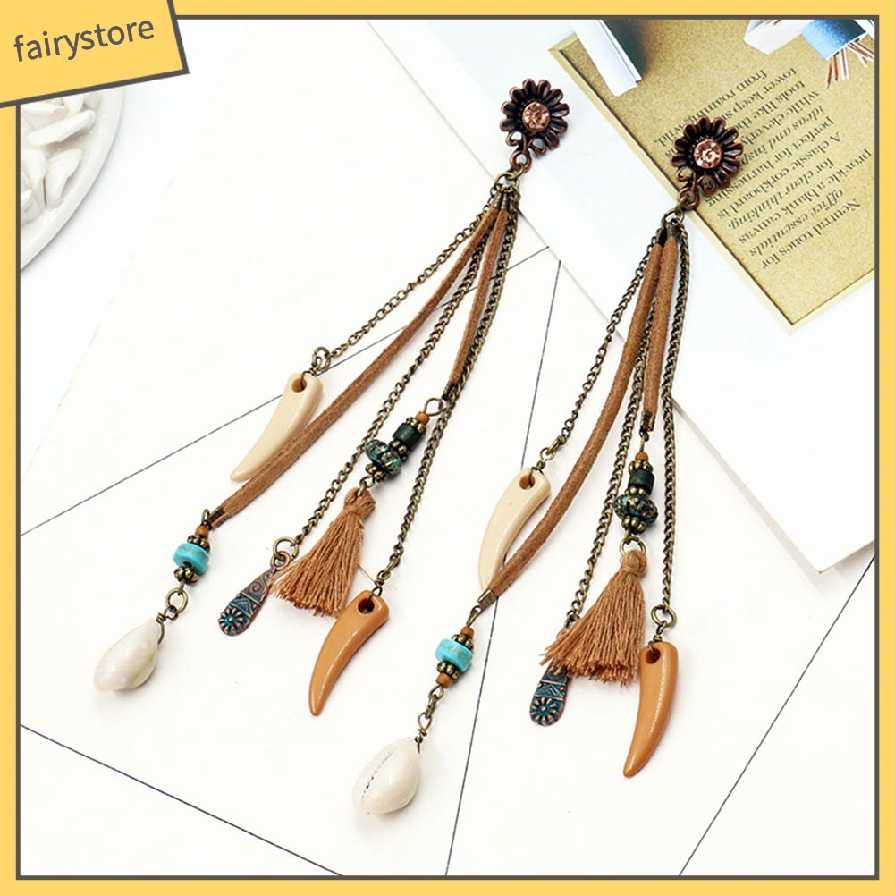 Khuyên Tai Dáng Dài Hình Hoa Hướng Dương Phối Tua Rua Phong Cách Boho