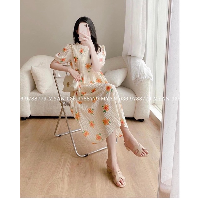Váy babydoll dáng dài xòe tay bồng họa tiết hoa cam vải xốp tiểu thư siêu đẹp (TTA126)