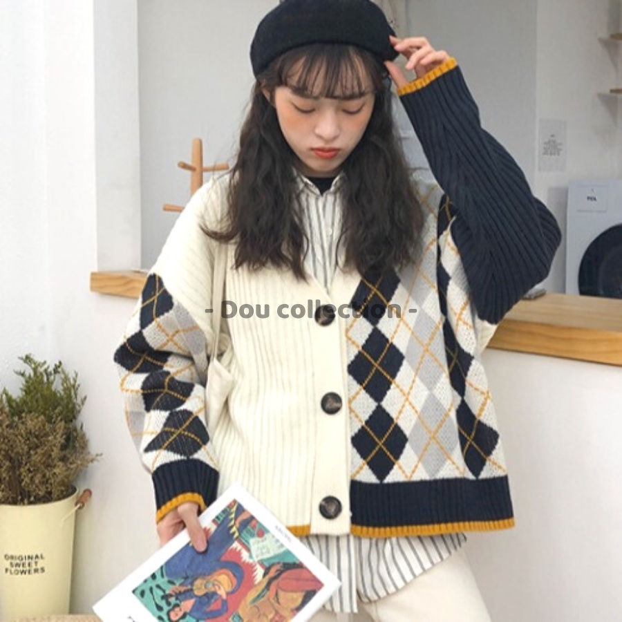[Nowship2h] Áo Khoác Cardigan Form Rộng Họa Tiết Caro, Áo Khoác Len Thời Trang Thu Đông - Mã TA041