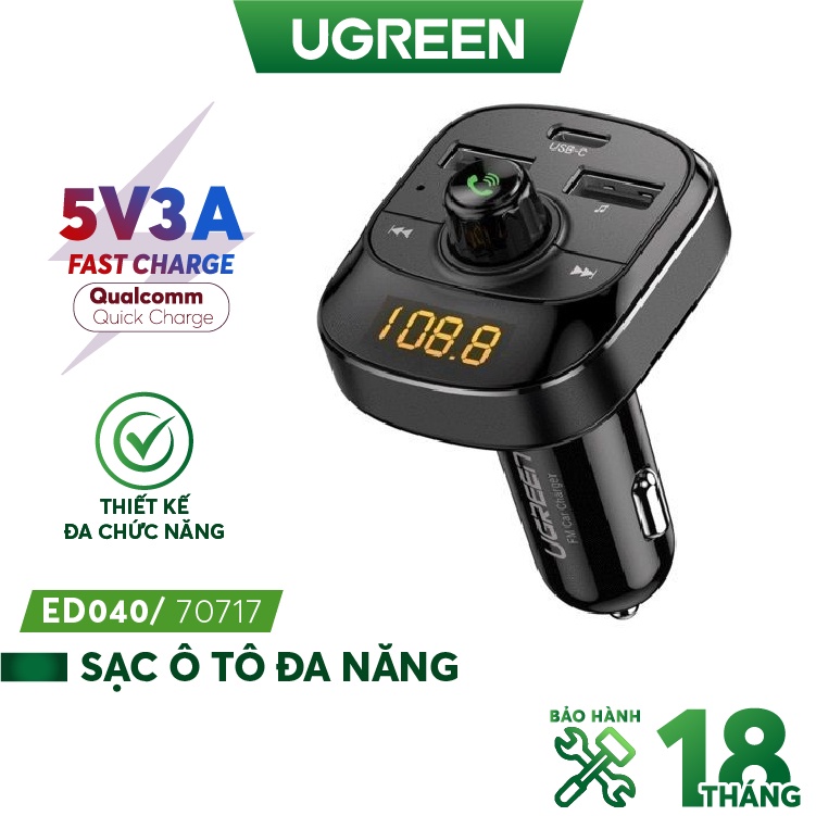 Sạc ô tô đa năng UGREEN ED040 70717 Phát FM, Bluetooth 5.0, sạc nhanh PD, cổng USB 2.0, đọc thẻ TF, có đèn LED