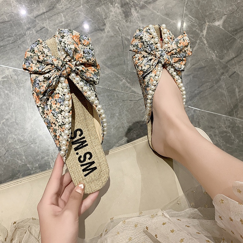 Dép MS đế bằng đính nơ họa tiết hoa thời trang mùa hè cho nữ