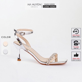 Sandal nữ hở gót Hà Huyền Shoes mũi vuông quai đá tết mảnh gót nhọn 7 phân - SD341