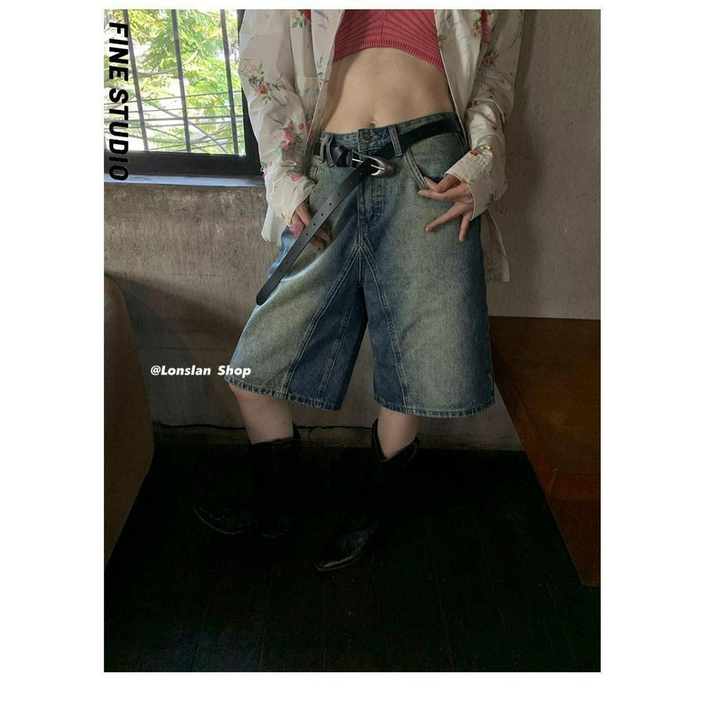 Fine Studio Quần Short Jean Lưng Cao Ống Rộng Dáng Suông Màu Gradient Mùa Hè Cho Nữ