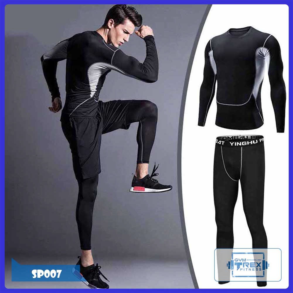 Đồ bộ thể thao nam chạy bộ, tập gym procombat gồm áo giữ nhiệt và quần legging SP007 - GYMTREX