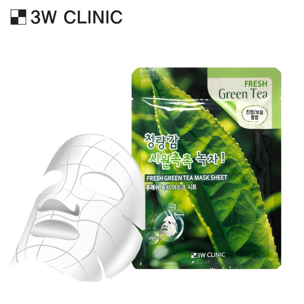 Combo 10 Túi Mặt nạ giấy dưỡng da giảm dầu mụn chiết xuất Trà Xanh 3W Clinic Hàn Quốc 23mlx10