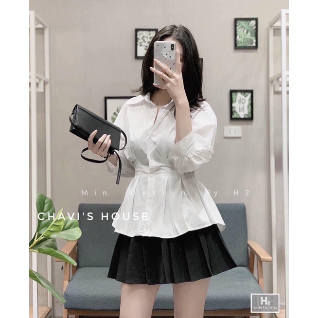 Áo sơ mi chiết xếp ly eo tôn dáng, Áo sơ mi kiểu nữ 2 màu dáng free size