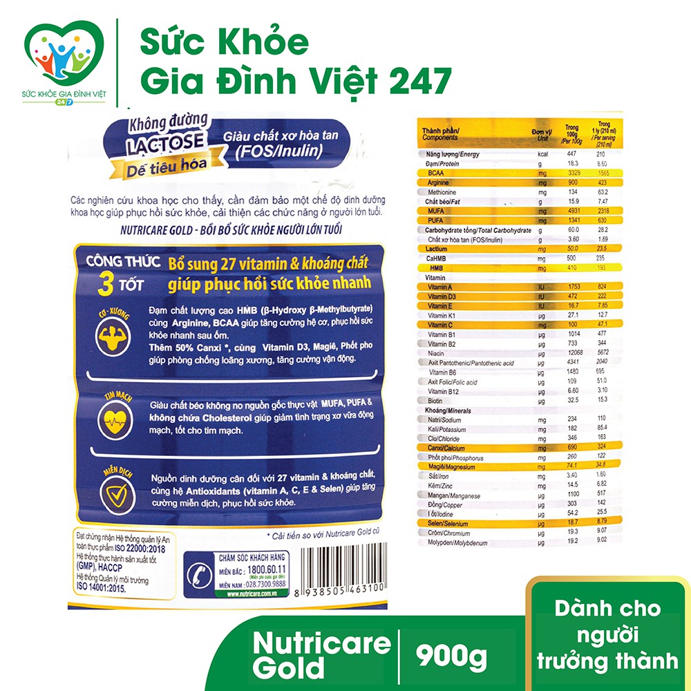 Sữa Nutricare Gold 900g - Sữa dành cho người lớn và trẻ trên 10 tuổi