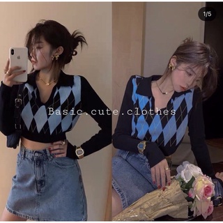 Áo croptop dài tay chất len mỏng hoạ tiết trâm xanh cổ V ACCV001 SẴN