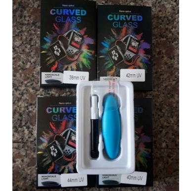 Kính cường lực UV cho máy Apple Watch size 38mm, 40mm, 41mm, 42mm, 44mm, 45mm Full màn hình trong suốt