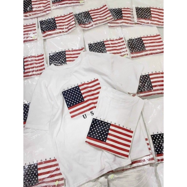 🏵️ Áo thun trắng in hình cờ nước Mỹ, in chữ California và USD
