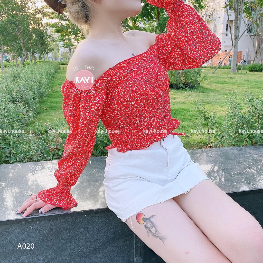 Áo trễ vai tay dài hoa - ảnh thật - A020 | BigBuy360 - bigbuy360.vn