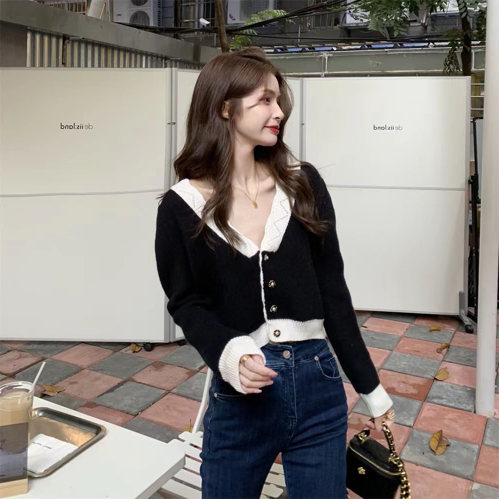 Áo cardigan ZHELIHANGFEI dệt kim tay dài cổ bẻ lưng cao thiết kế thanh lịch dành cho nữ