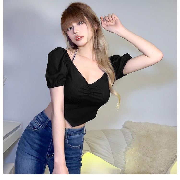 Áo thun croptop COZOKC tay ngắn phối dây xích thiết kế hở lưng cá tính