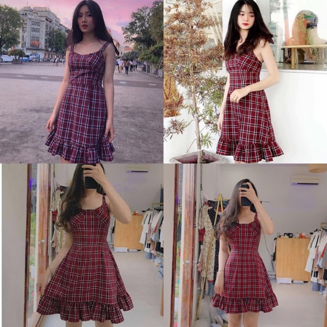 ĐẦM MARIKO CARO - ĐẦM 2 DÂY CARO ĐỎ SIÊU XINH